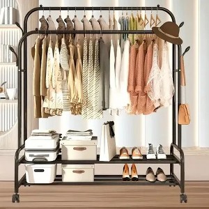 Heavy-Duty Rolling Metal Garment Rack with Dual Bars - Portable Clothes Hanger w/Shelves - Hooks, Multi-Functional Wardrobe Organizer - 1 of 4