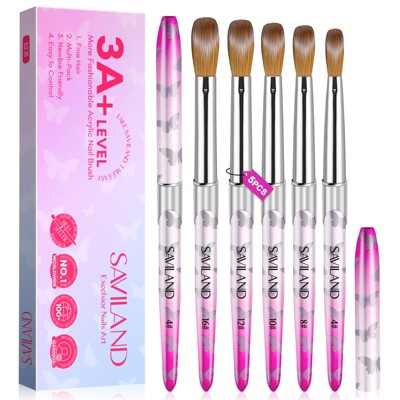Saviland 5-Piece Kolinsky Acrylic Nail Brush Set for Acrylic Nails - Sizes 4-16 (Select Sizes) with Butterfly Pink Handles?