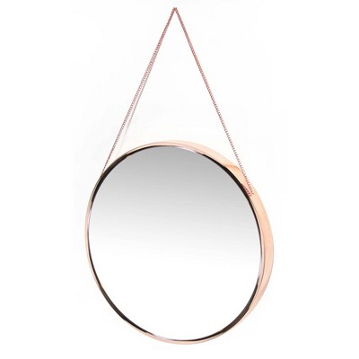 21" Modern Round Wood & Gold Wall Mirror with Metal Chain