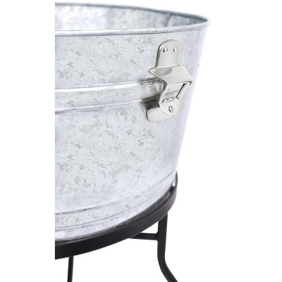 Silver Galvanized Beverage Tub with Stand and Wooden Handles