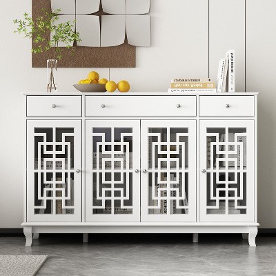 FUFU&GAGA White Buffet Sideboard with Geometric Carved Glass Doors - Ample Storage for Dining Room Storage Kitchen Cabinet Dresser
