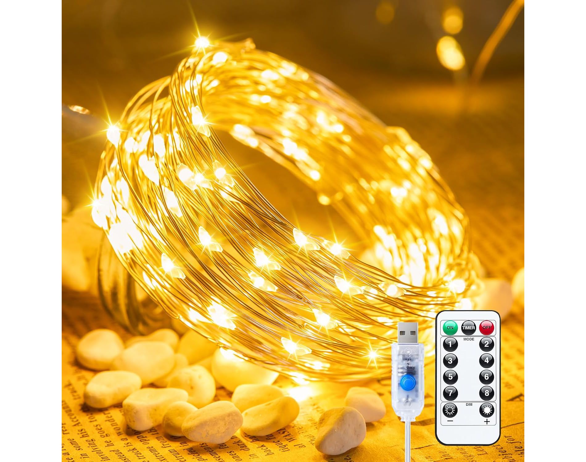 FAAYFIAN 33 ft 100-LED USB Twinkle Fairy Lights, Warm White String Lights with Timer & 8 Modes