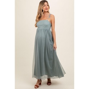 Pinkblush Green Square Neck Shoulder Tie Tulle Maternity Maxi Dress - 1 of 4