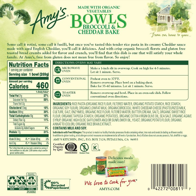 Amy&#39;s Gluten Free Frozen Broccoli &#38; Cheddar Bake Meal Bowls - 9.5oz, 4 of 7