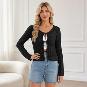 Women's V-Neck Tie Front Lace Knit Top, Long Flare Sleeve Cropped