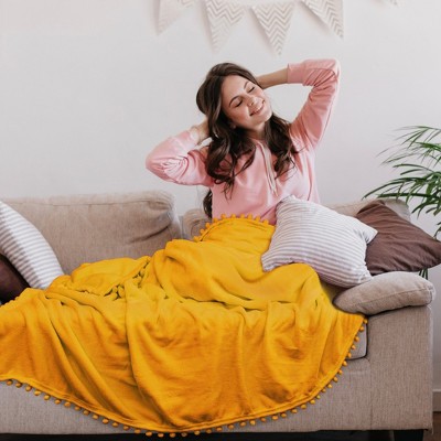 Cozy Mustard Yellow Twin Fleece Throw with Pom Pom Fringe