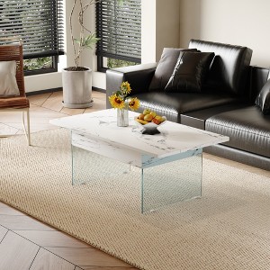 Multifunctional MDF Lift Top Coffee Table with White Marble Pattern, Tempered Glass Legs and Spacious Storage - 1 of 4