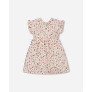 Deux par Deux Girl Printed Seersucker Dress with Frill Pink Flowers on Cream Background - 1 of 4