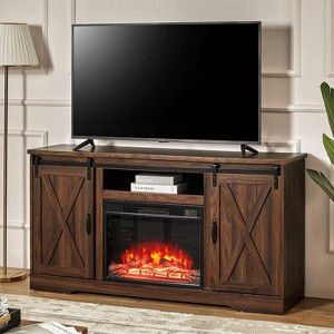 AMERLIFE Fireplace TV Stand with Sliding Barn Door & Adjustable Shelves for TVs up to 65", Dark Walnut - 1 of 3