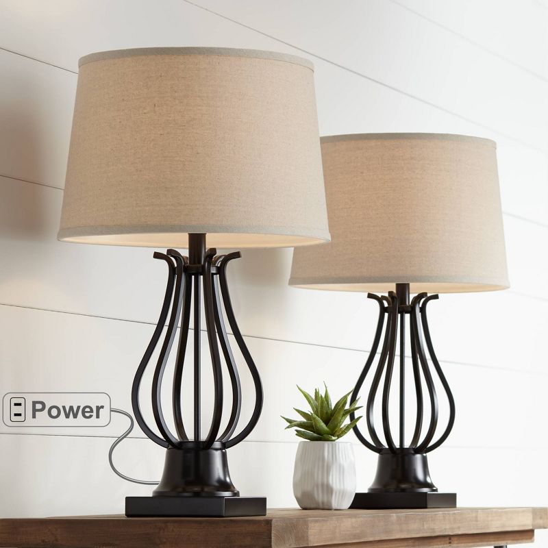 Regency Hill Hadley Modern Table Lamps Set of 2 26" High Bronze with AC Power Outlet Light Brown Drum Shade for Bedroom Living Room Bedside House Desk, 2 of 10