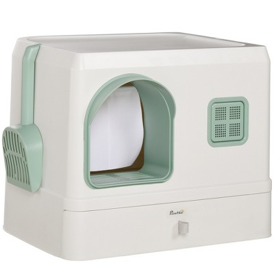 PawHut Cat Litter Box, Kitty Litter Box with Scoop, Deodorants, Front Entrance, Drawer Pan, 20" x 16" x 16", White