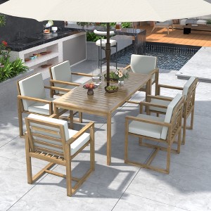 7PCS Outdoor Dining set with a Wooden Table, 6 Armchairs and Removable Cushions, Light Teak, 4A -ModernLuxe - 1 of 4