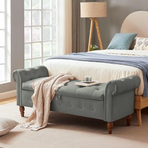 Kumasinova 63 Inch Velvet Storage Ottoman,Rectangular Entryway Bench with Wood Legs for Bedroom and Living Room,End of Bed,Gray - 1 of 4