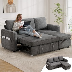 Dyonery 2 in 1 Pull Out Couch with Reversible Storage Chaise for Room 81"Sectional L-Shaped Couch Sofa Sleeper with Side Pockets,Tool-Free Assembly - 1 of 4