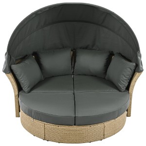 Maliang Outdoor Patio Daybed, Wicker Rattan Round Sofa Furniture Set with Retractable Canopy, 4 Pillows for Lawn Garden Backyard Pool - 1 of 4