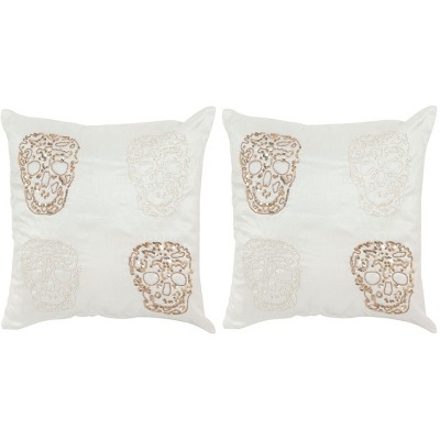 Gold Embroidered Skull Cotton Throw Pillow Set