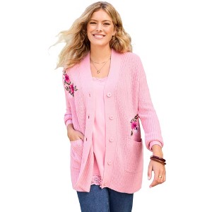 Woman Within Embroidered Shaker Cardigan - 1 of 2