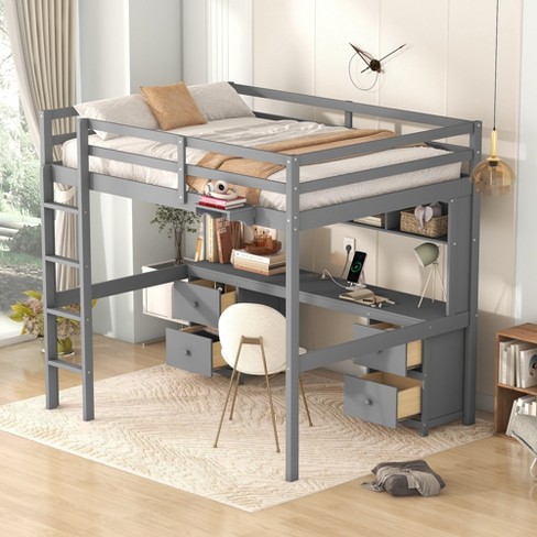 Full Size Wood Loft Bed With Desk Cabinets Drawers Bedside Tray And Charging Station Gray modernluxe Target