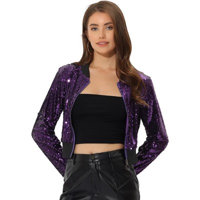 Allegra K Women's Sequin Sparkle Long Sleeve Zipper Bomber Jacket Purple  Small