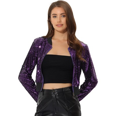 Allegra K Women's Sequin Sparkle Front Zipper Cropped Bomber Jacket ...