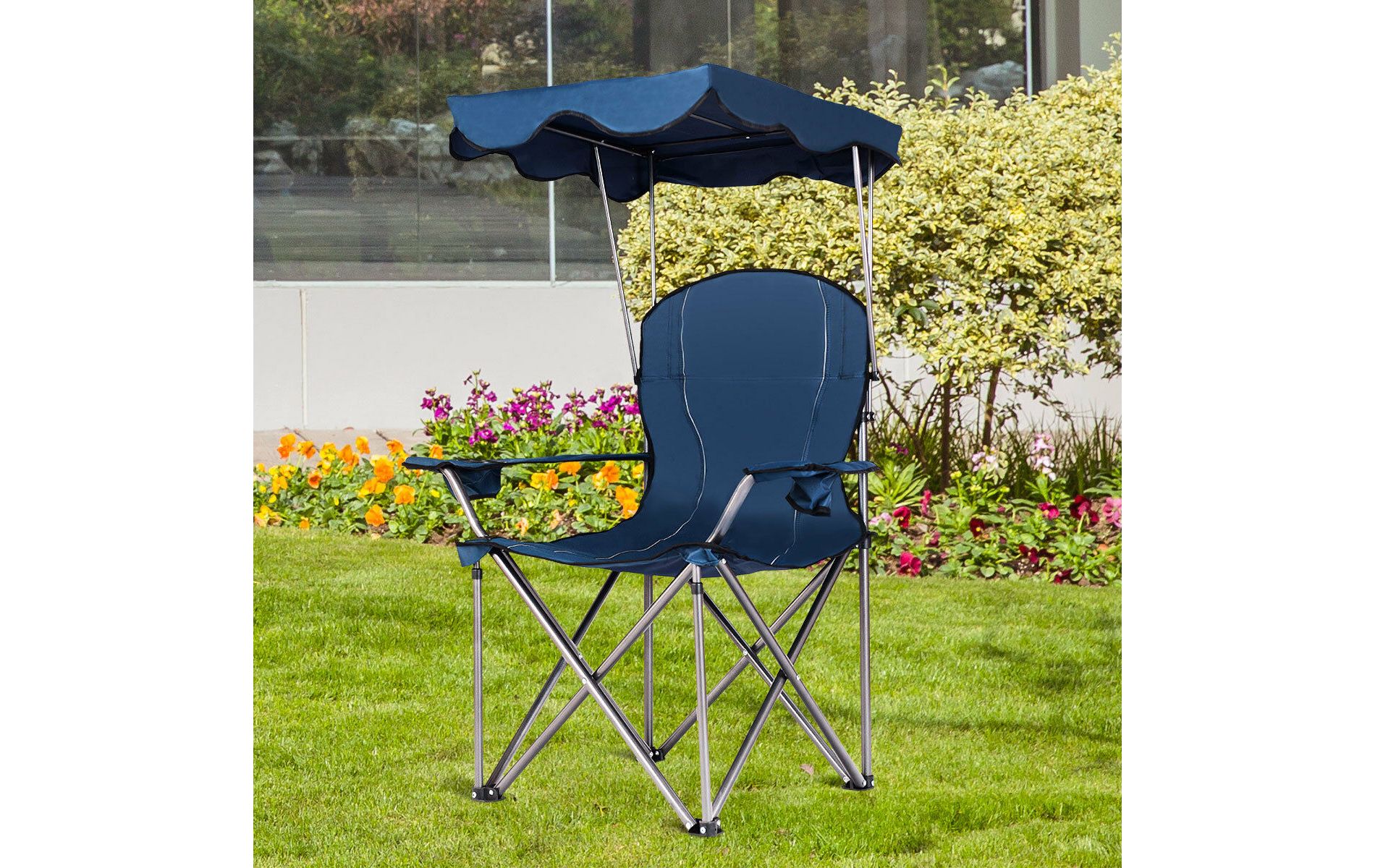 Costway Portable Folding Beach Canopy Chair W/ Cup Holders Bag Camping Hiking Outdoor Blue
