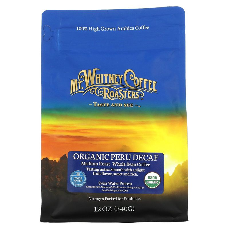 Mt. Whitney Coffee Roasters Organic Peru Decaf, Medium Roast Whole Bean, 12 oz (340 g), 1 of 3