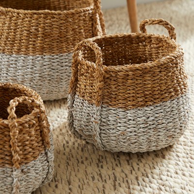 Natural and White Seagrass Round Storage Basket Set