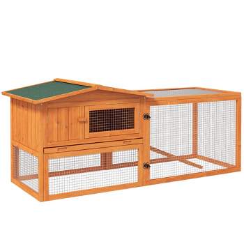 PawHut Rabbit Hutch 2-Story Bunny Cage Small Animal House with Slide Out Tray, Detachable Run, for Indoor Outdoor, Orange