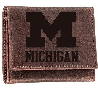 Evergreen NCAA Michigan Wolverines Brown Leather Trifold Wallet Officially Licensed with Gift Box