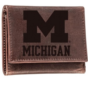 Evergreen NCAA Michigan Wolverines Brown Leather Trifold Wallet Officially Licensed with Gift Box - 1 of 1