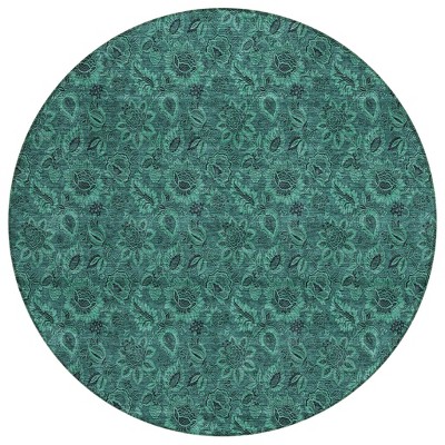 Teal Blue Green And Charcoal Floral Washable Indoor Outdoor Area Rug