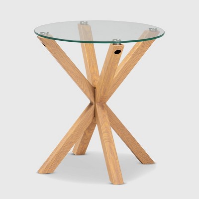 Lida Glass and Wood Finished End Table Clear/Natural - Baxton Studio: Scandinavian Style, Round Shape, Metal Frame