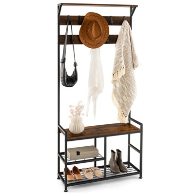 Tangkula 3-in-1 entryway coat rack vintage industrial hall tree storage shelf with storage bench and coat rack entryway bench