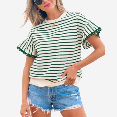 Amaryllis Women’s Striped Short Sleeve Ruffle Hem Top with Scalloped Trim Crew Neckline Relaxed Fit