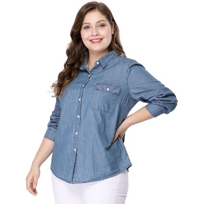 Agnes Orinda Women's Plus Size Denim Long Sleeve Chest Pocket Work ...