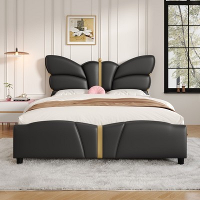 Grungis Full/Queen Size Upholstered Bed Frame with Butterfly Shaped Headboard,PU Leather Platform Bed with Gold Metal Decorations