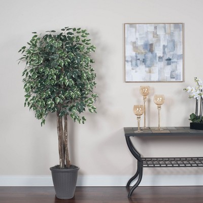 Outdoor Silk Ficus Topiary in Green and White Pot