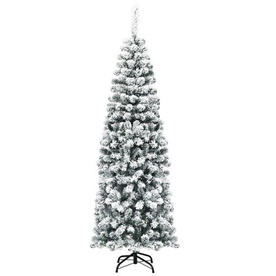 Costway 6Ft Unlit Hinged Snow Flocked Artificial Pencil Christmas Tree w/ 500 Branch Tip