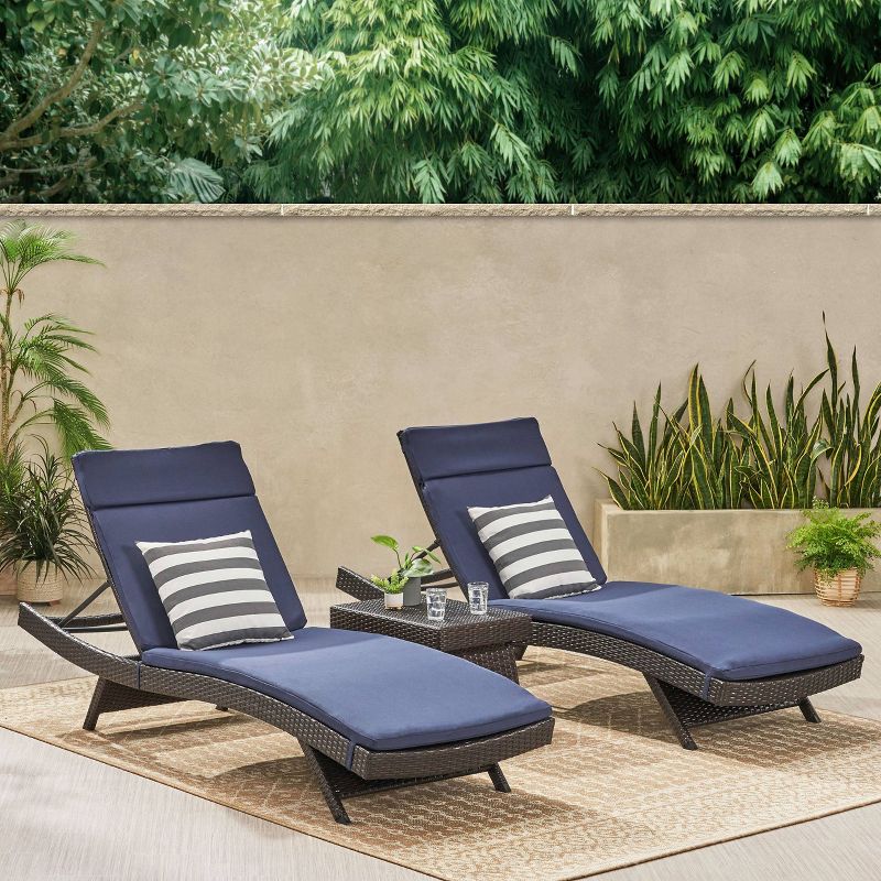Luana 3pc Wicker Patio Adjustable Chaise Lounge Set with Cushions - Navy Blue - Christopher Knight Home, 4 of 6