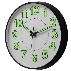 Clockswise 14" Decorative Glow in the Dark Quartz Wall Clock Battery Operated Classic Round Design Luminous Green Numbers & Hands Easy to Read Face - 1 of 4