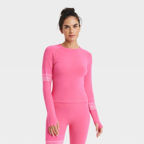 Long Sleeve Gym Tops Women with Thumb Hole(Neon Pink,XS) 