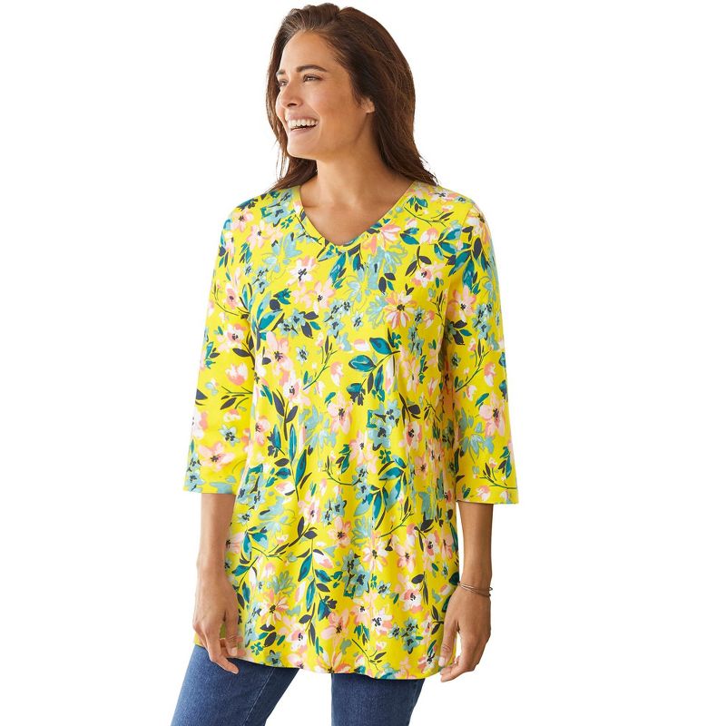 Woman Within Women's Plus Size Perfect Printed Three-Quarter-Sleeve V-Neck Tunic, 1 of 2