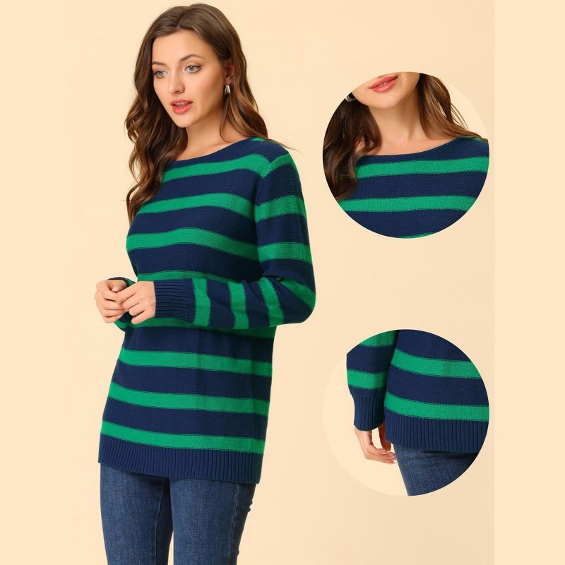 Allegra K Women's Long Sleeves Drop Shoulder Loose Striped Sweater, 3 of 7