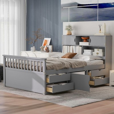 Platform Bed, Bed with Bookcase Headboard and Reversible Shelves, Storage Bed with 4 Storage Drawers, Wooden Frame Bed-Baofuwish