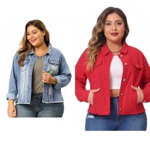Women's Plus Size 2 Pieces Classic Denim Front Frayed Casual Long Sleeve Fashion Jean Jackets - Agnes Orinda - 1 of 4