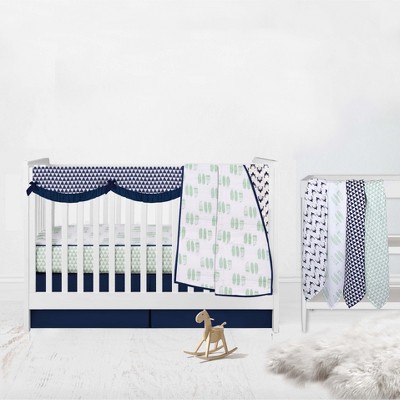 Bacati - Boys Noah Muslin Mint Navy 8 pc Crib Bedding Set with Long Rail Guard Cover