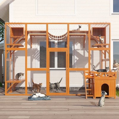 118" Outdoor Cat Enclosure with Shelves and Ramps, Large Cat Patio Playground with Roof, Cat Cage with FREE House-The Pop Home