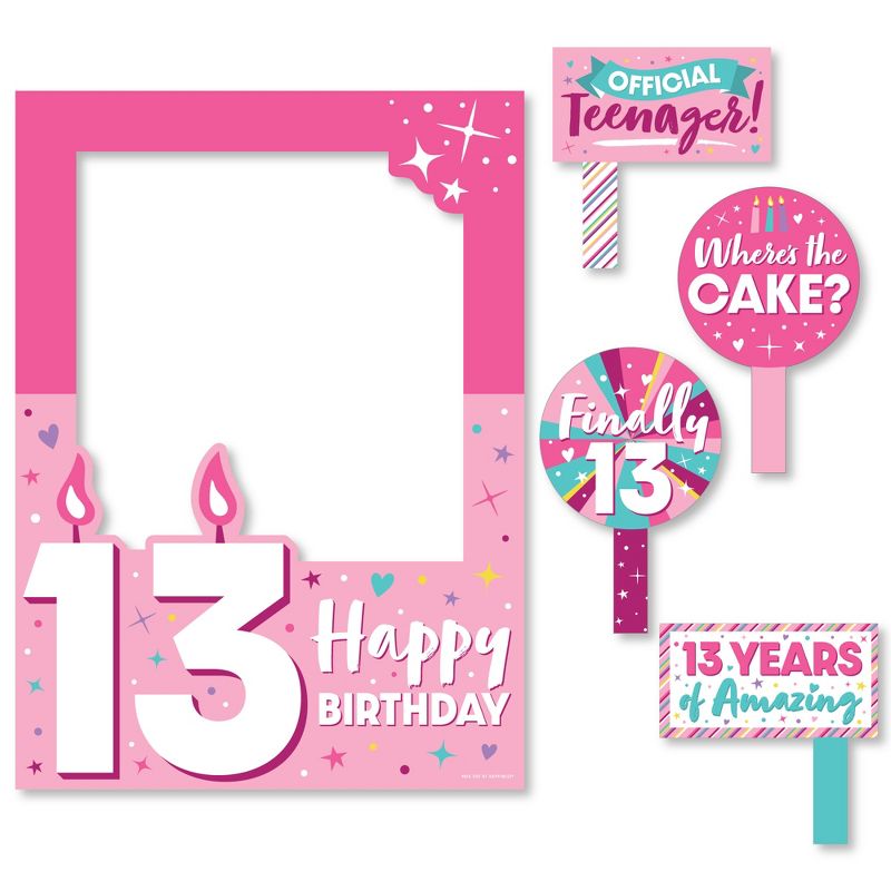 Big Dot of Happiness Girl 13th Birthday - Official Teenager Birthday Party Selfie Photo Booth Picture Frame and Props - Printed on Sturdy Material, 5 of 7