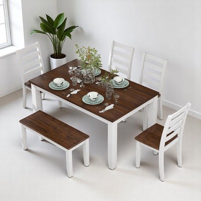 Rustic 6-Piece Dining Table Set with 4 Ergonomic Chairs & Bench, Solid Wood Distressed Farmhouse Design for Dining Room & Kitchen