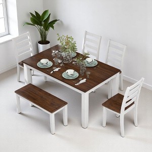 Rustic 6-Piece Dining Table Set with 4 Ergonomic Chairs & Bench, Solid Wood Distressed Farmhouse Design for Dining Room & Kitchen - 1 of 4